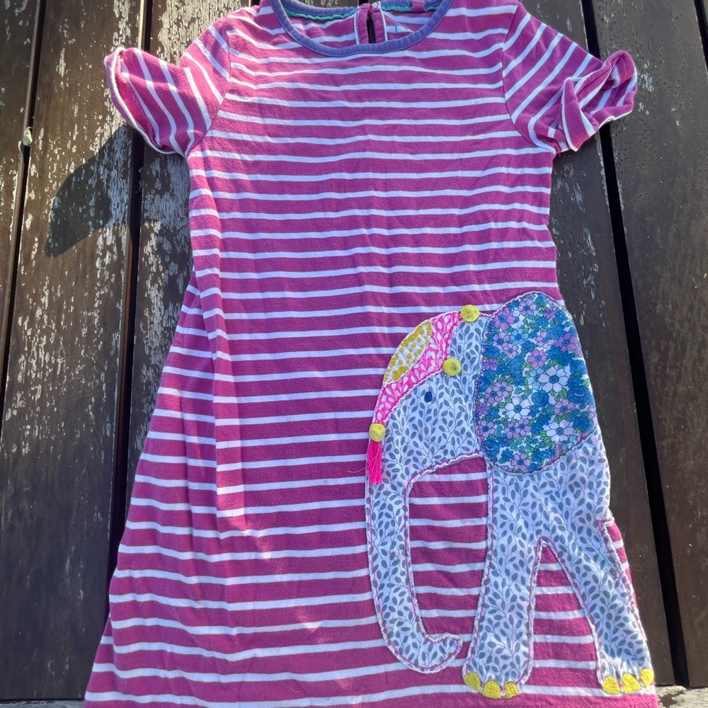 Mini Boden Pink and White Striped Girls Dress with Elephant Patch